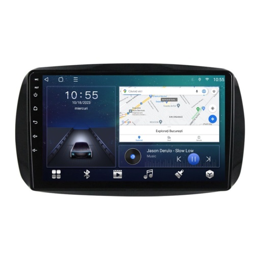 Navigatie dedicata cu Android Smart Fortwo dupa 2014, 2GB RAM, Radio GPS Dual Zone, Display HD QLED 9" Touchscreen, Internet Wi-Fi si slot SIM 4G, Bluetooth, MirrorLink, USB