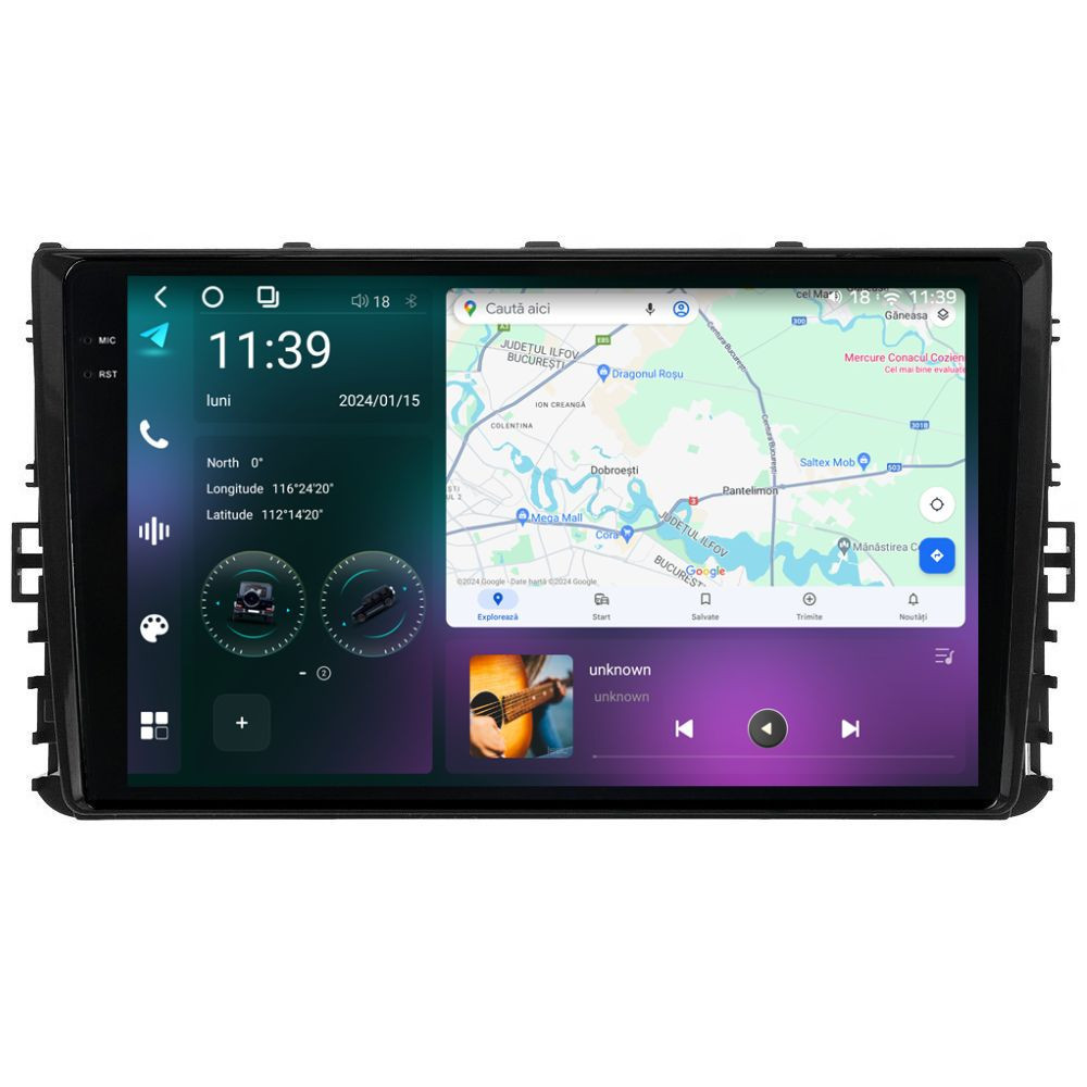 Navigatie dedicata cu Android VW Taigo dupa 2021, 12GB RAM, Radio GPS Dual Zone, Display 2K QLED 9.5" Touchscreen, Internet Wi-Fi si slot SIM 4G, Bluetooth, MirrorLink, USB
