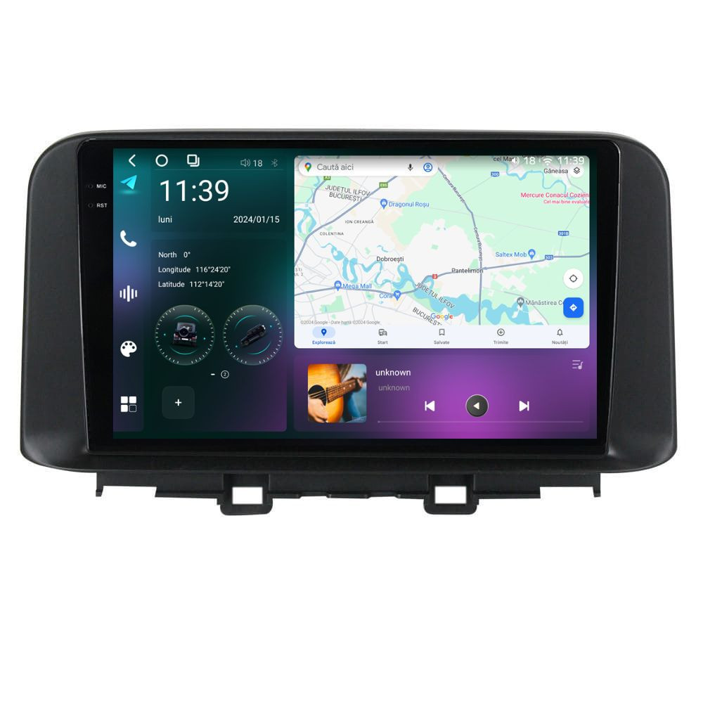 Navigatie dedicata cu Android Hyundai Kona dupa 2017, 12GB RAM, Radio GPS Dual Zone, Display 2K QLED 10.36" Touchscreen, Internet Wi-Fi si slot SIM 4G, Bluetooth, MirrorLink, USB