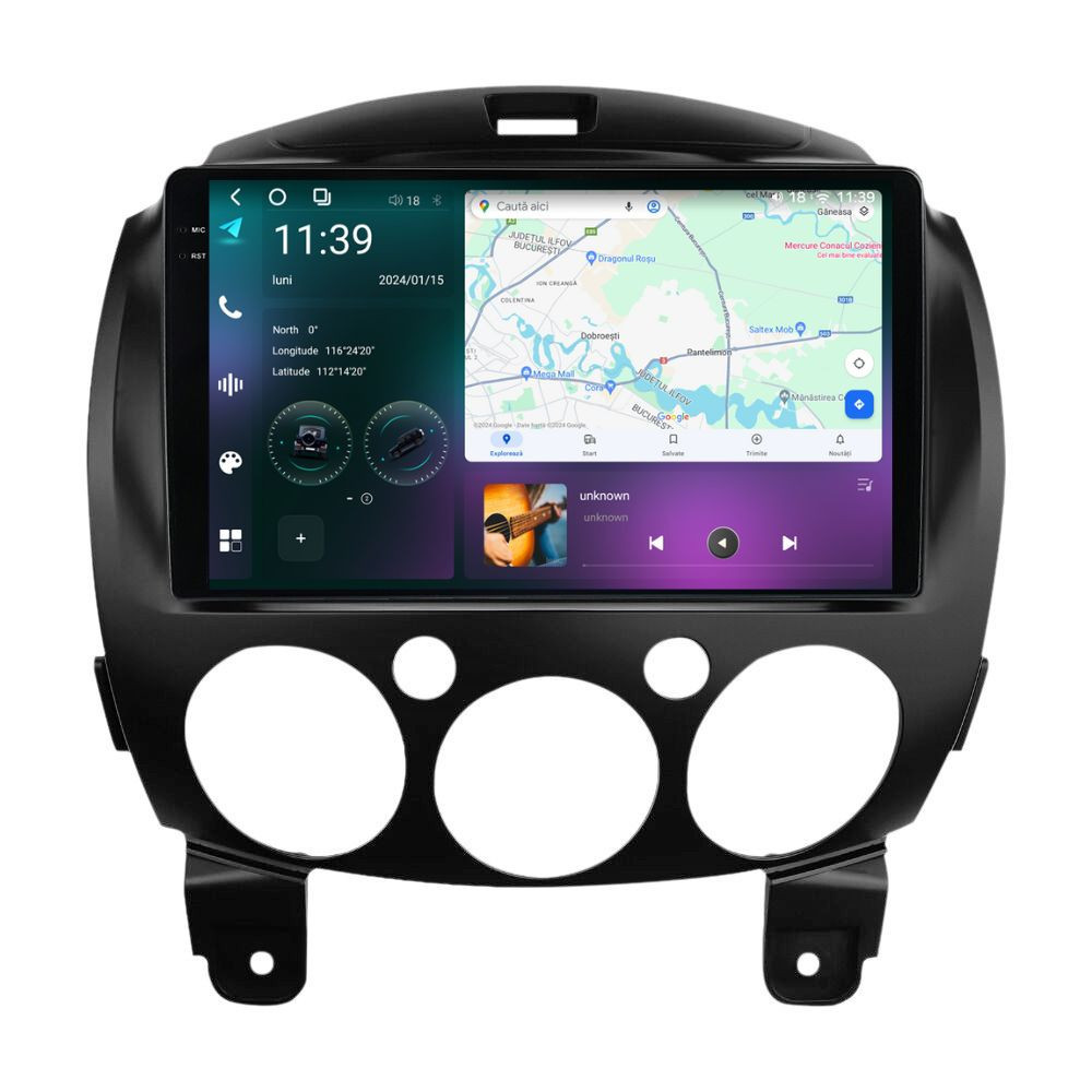 Navigatie dedicata cu Android Mazda 2 2007 - 2014, 12GB RAM, Radio GPS Dual Zone, Display 2K QLED 9.5" Touchscreen, Internet Wi-Fi si slot SIM 4G, Bluetooth, MirrorLink, USB