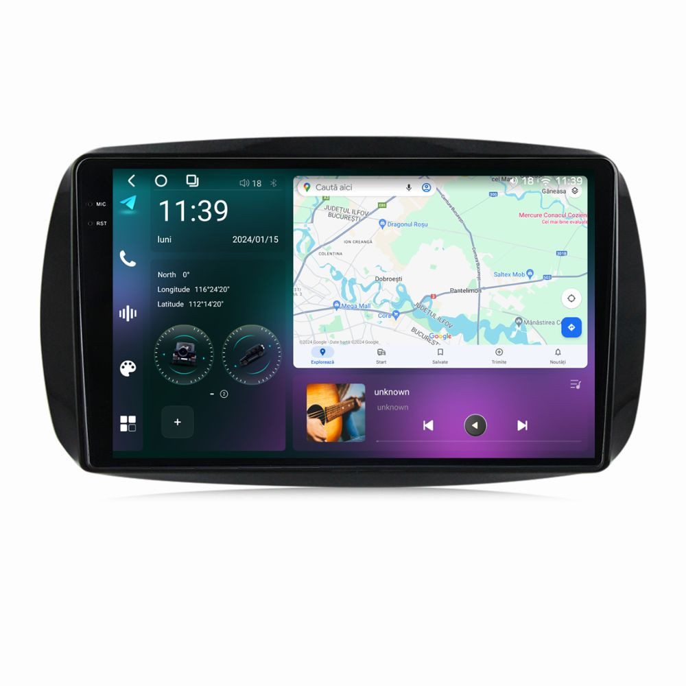 Navigatie dedicata cu Android Smart Fortwo dupa 2014, 12GB RAM, Radio GPS Dual Zone, Display 2K QLED 9.5" Touchscreen, Internet Wi-Fi si slot SIM 4G, Bluetooth, MirrorLink, USB