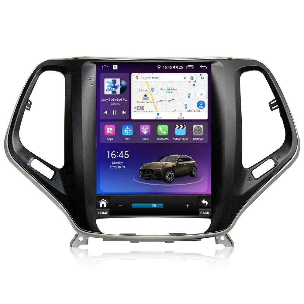 Navigatie dedicata cu Android tip tesla Jeep Cherokee V 2014 - 2019, 8GB RAM, Radio GPS Dual Zone, Touchscreen IPS 9.7" HD, Internet Wi-Fi si slot SIM 4G, Bluetooth, MirrorLink, USB