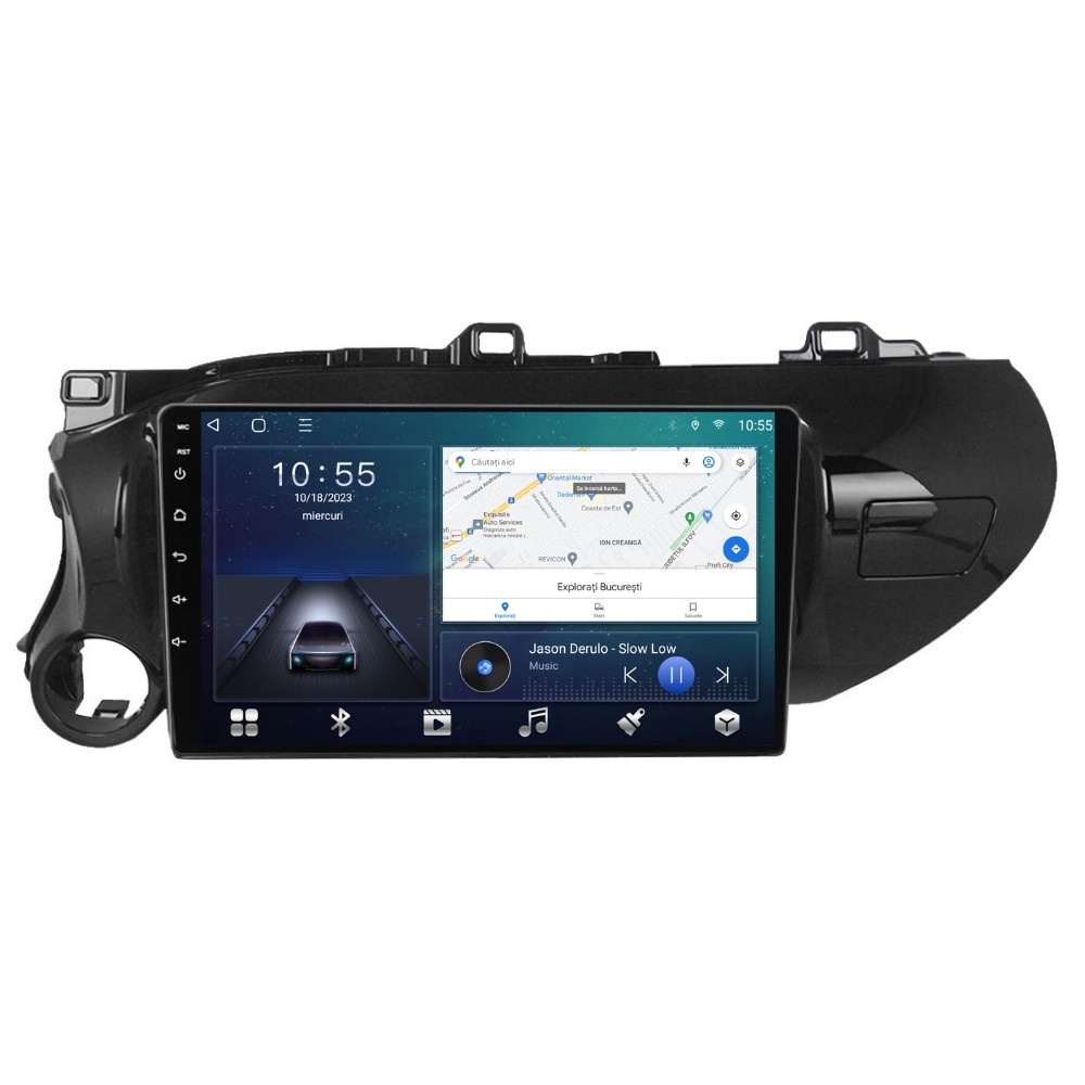 Navigatie dedicata cu Android Toyota Hilux VIII dupa 2015, 2GB RAM, Radio GPS Dual Zone, Display HD QLED 10" Touchscreen, Internet Wi-Fi si slot SIM 4G, Bluetooth, MirrorLink, USB