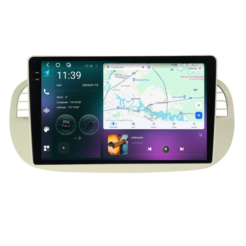 Navigatie dedicata cu Android Fiat 500 2007 - 2015, gri, 12GB RAM, Radio GPS Dual Zone, Display 2K QLED 9.5" Touchscreen, Internet Wi-Fi si slot SIM 4G, Bluetooth, MirrorLink, USB