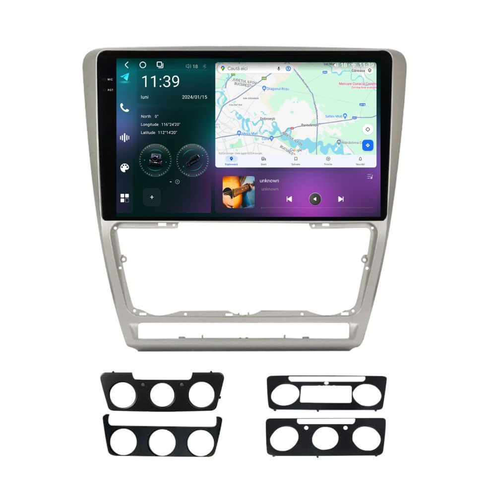 Navigatie dedicata cu Android Skoda Octavia II 2004 - 2013, gri, 12GB RAM, Radio GPS Dual Zone, Display 2K QLED 10.36" Touchscreen, Internet Wi-Fi si slot SIM 4G, Bluetooth, MirrorLink, USB