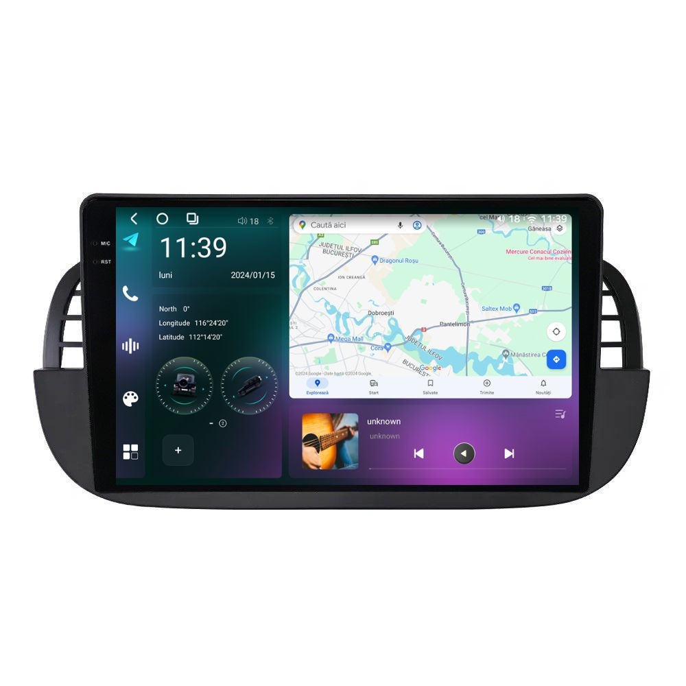 Navigatie dedicata cu Android Fiat 500 2007 - 2015, negru, 12GB RAM, Radio GPS Dual Zone, Display 2K QLED 9.5" Touchscreen, Internet Wi-Fi si slot SIM 4G, Bluetooth, MirrorLink, USB