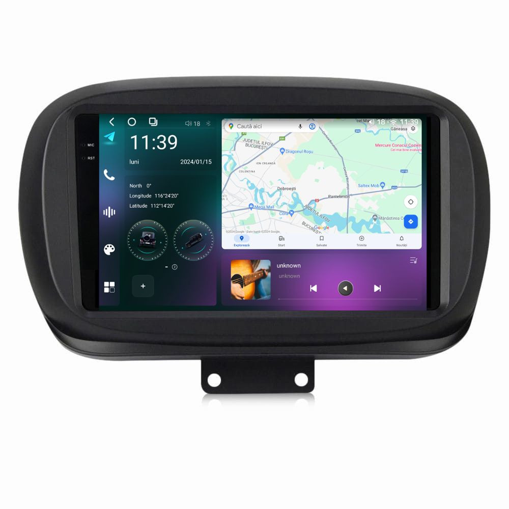 Navigatie dedicata cu Android Fiat 500X dupa 2014, 12GB RAM, Radio GPS Dual Zone, Display 2K QLED 9.5" Touchscreen, Internet Wi-Fi si slot SIM 4G, Bluetooth, MirrorLink, USB