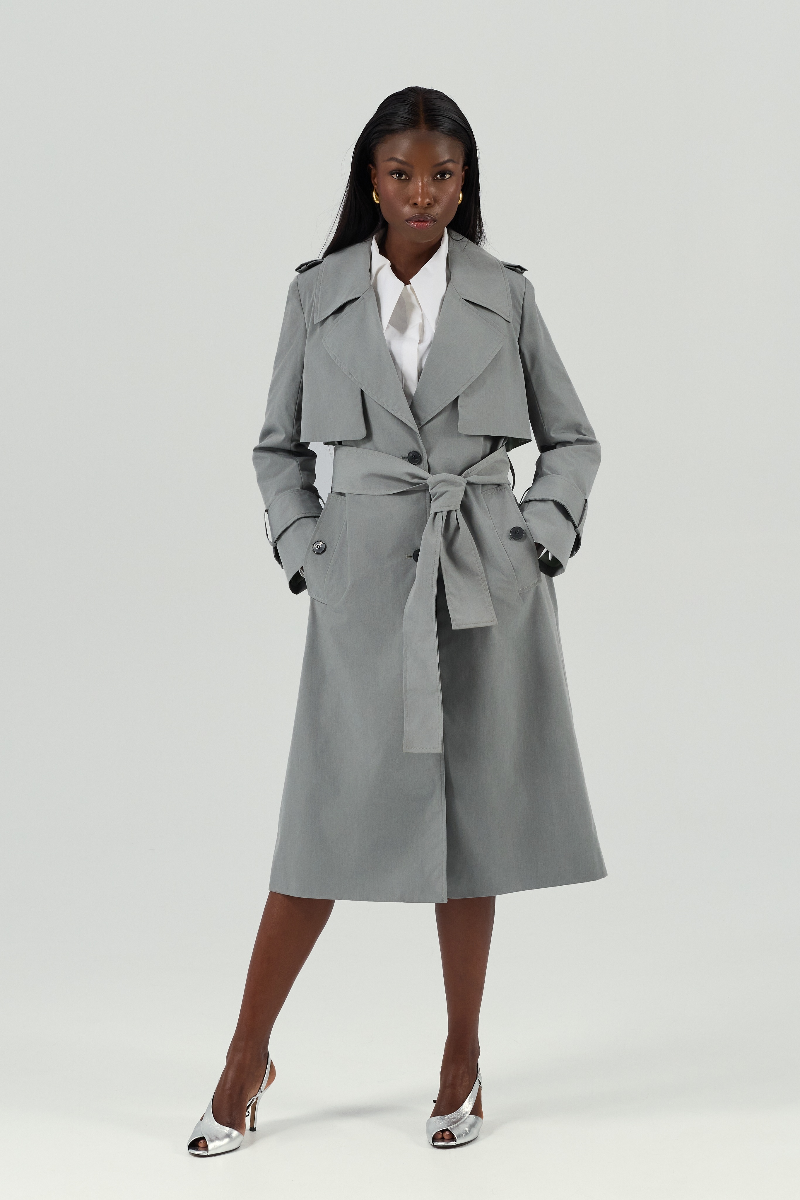 Trench clasic gri din bumbac TRACE