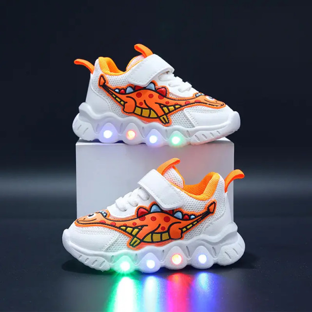 Adidasi cu luminite pentru baietei - Orange dino