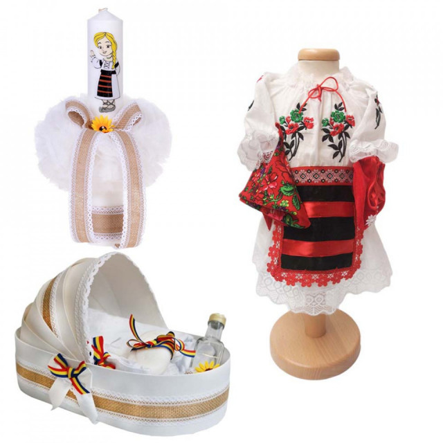 Set botez traditional fetita, trusou botez landou, lumanare si costum traditional, Denikos® 985
