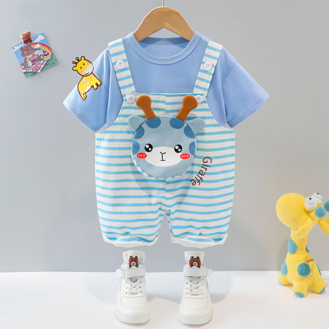 Costumas pentru baietei cu tricou si salopeta - Blue giraffe