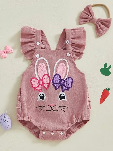 Salopeta adorabila pentru bebelusi cu imprimeu iepuras si fundite