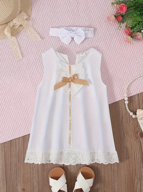 Rochita alba eleganta pentru fetite si bentita asortata