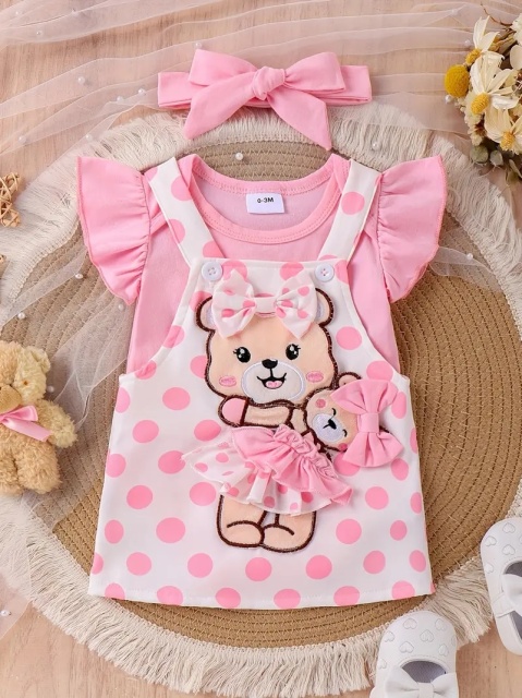 Set body roz si sarafan alb cu buline