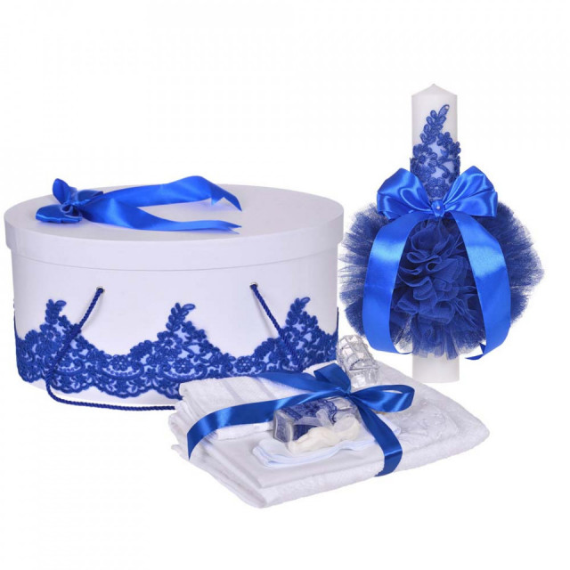 Set elegant trusou botez, cutie trusou si lumanare, decor dantela Albastra diafana, Denikos® 957