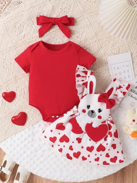 Set sarafan alb cu inimioare si body rosu