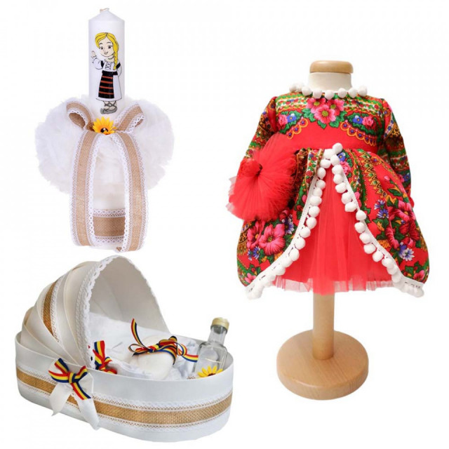 Set botez traditional fetita, trusou botez landou, lumanare si costum traditional, Denikos® 988
