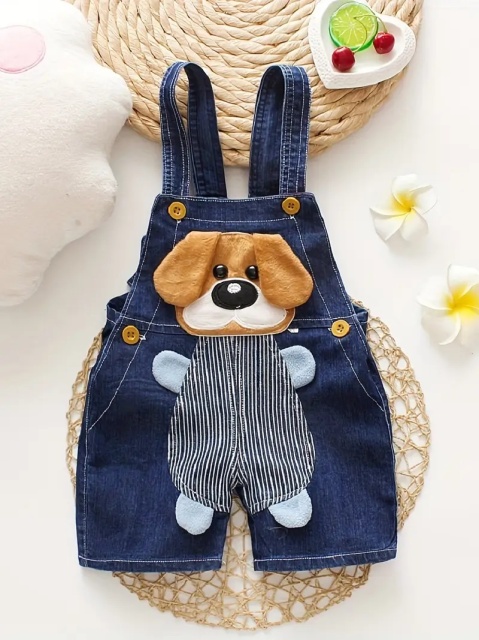 Salopeta blugi pentru baieti cu un catelus simpatic aplicat