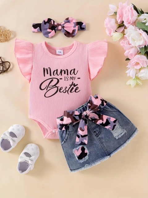 Set body roz cu inscriptie si fustita denim pentru fetite
