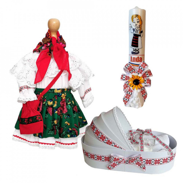Set traditional botez fetita, trusou si lumanare personalizata, decor motive traditionale Denikos® C9012
