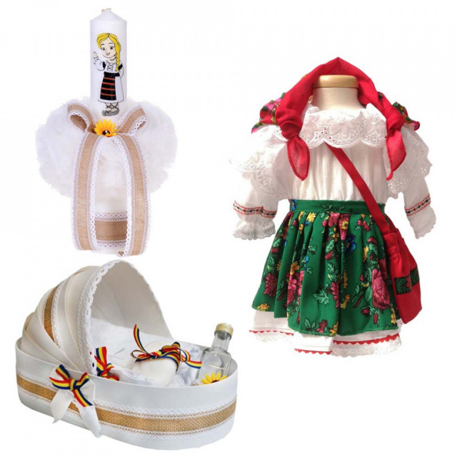 Set botez traditional fetita, trusou botez landou, lumanare si costum popular fata, Denikos® 972