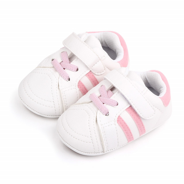 Superbebeshoes Adidasi albi cu dungi roz pentru bebelusi