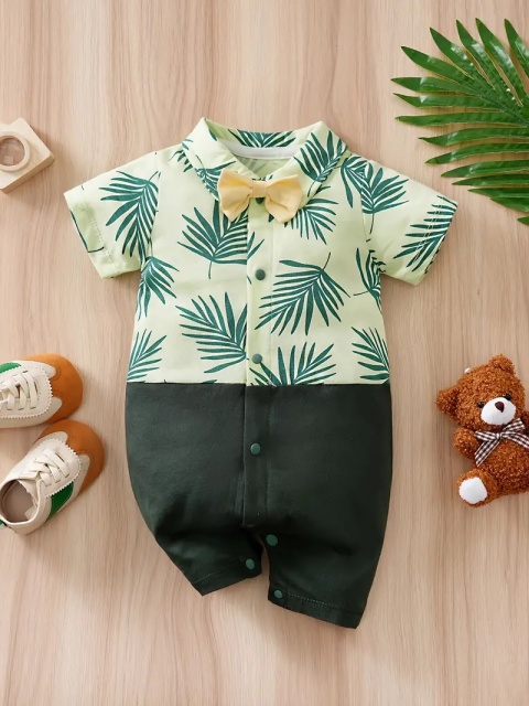 Salopeta bebelusi vara cu imprimeu tropical si papion galben