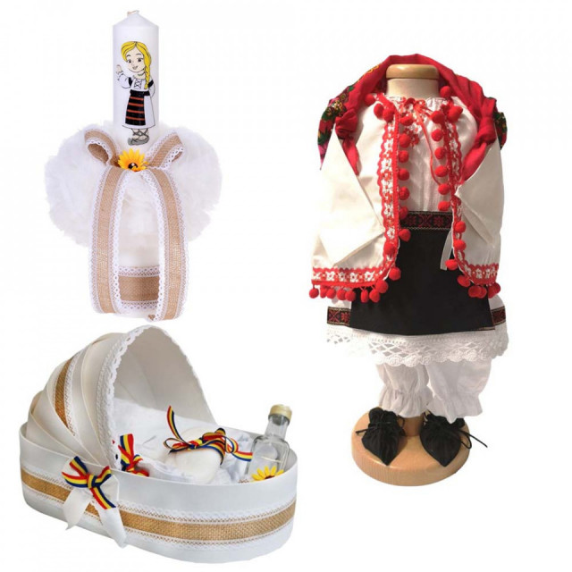 Set botez traditional fetita, trusou botez landou, lumanare si costum traditional, Denikos® 983