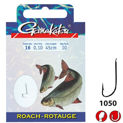 Carlige legate Gamakatsu 1050N, Roach, 0.10mm, 70cm, 10buc (Marime Carlige: Nr. 18) 0.10mm