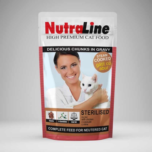 Hrana umeda pentru pisici, Nutraline, Sterilised, 24 buc x 100 g