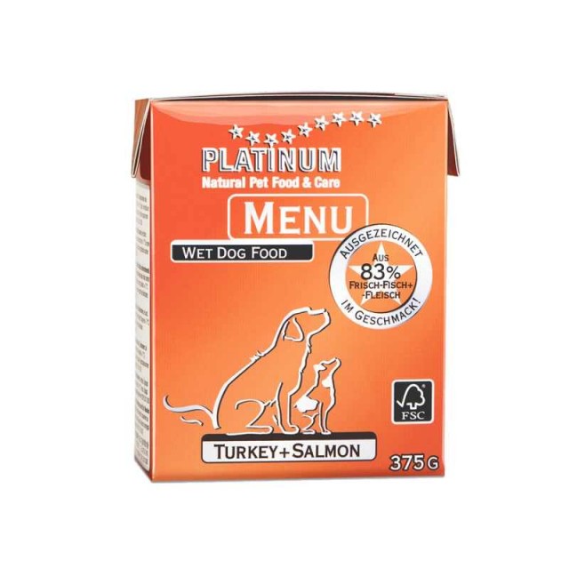 Hrana umeda caini, Platinum, Menu Turkey & Salmon, 375g