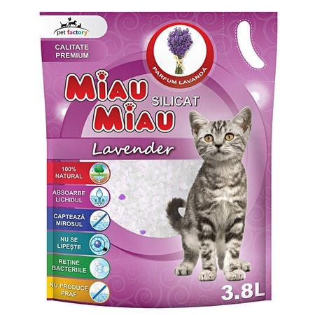 Nisip silicatic pentru pisici, Miau Miau, Silicat, Lavanda, 3.8 L