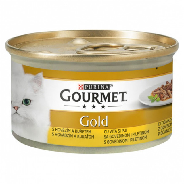 Hrana umeda pentru pisici, Gourmet Gold, Double Pleasure cu vita si pui in sos, 85g