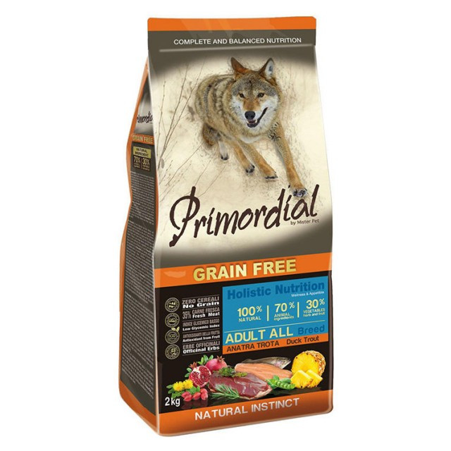 Hrana uscata pentru caini, Primordial, Grain-Free Adult Rata si Pastrav, 12 kg
