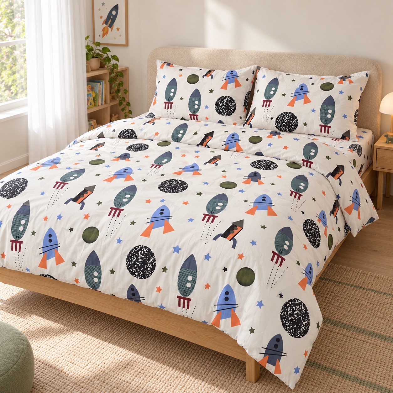 Lenjerie de pat copii Rachete, alb – Hotel Supplier, 4 piese, ranfors 100% bumbac, 130 g/m²