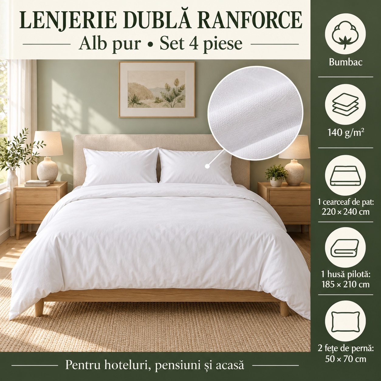 Lenjerie de pat dublu Ranforce, bumbac, 140 g/m², alb pur – set 4 piese