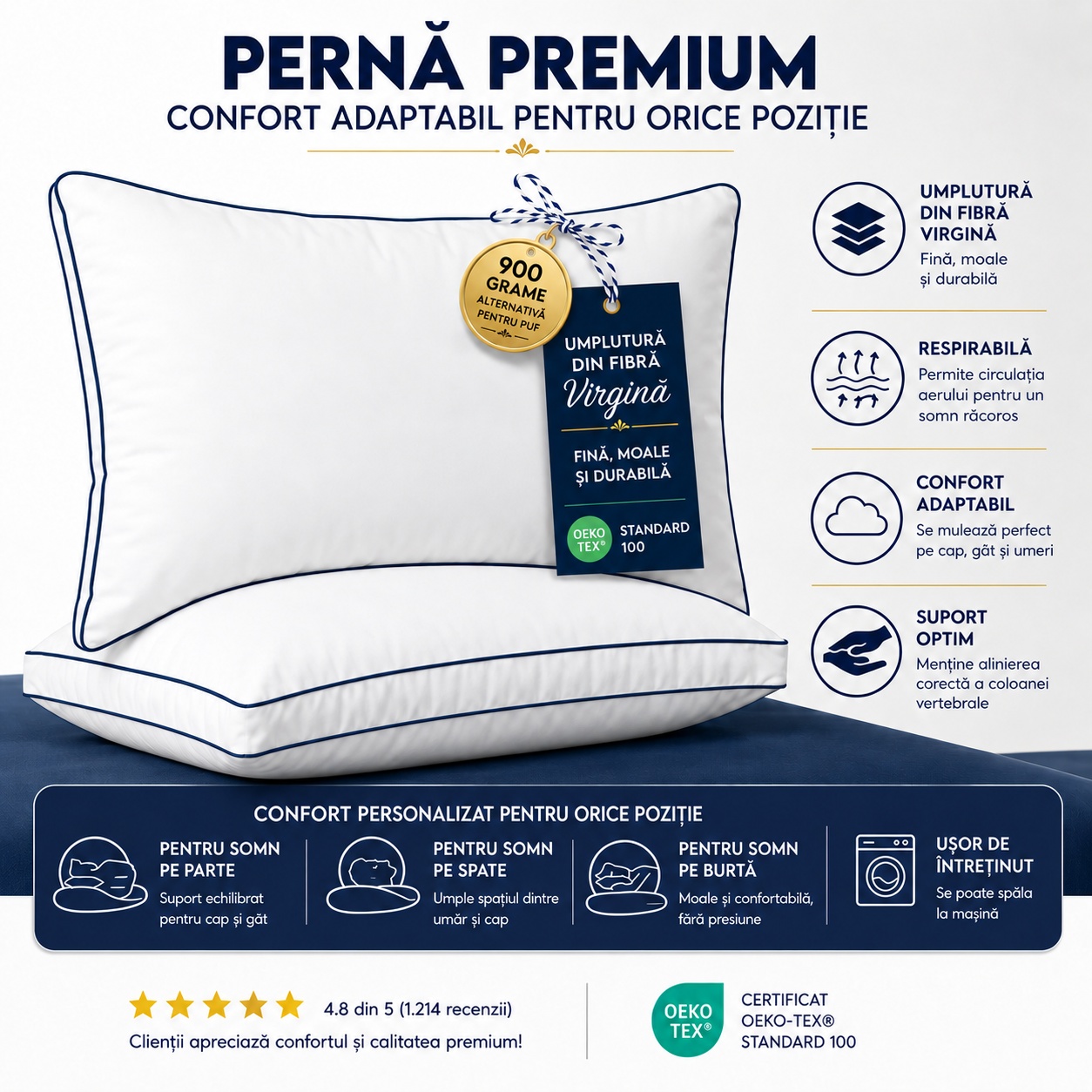 Set 2 perne Hotel Collection Bedding, 50 × 60 × 10 cm, cu paspoal bleumarin