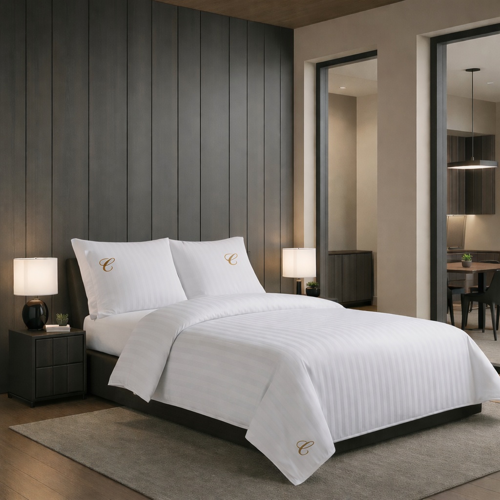 10 Lenjerii Duble cu initiala brodata GRATUITA DAMASC HOTELIER - dunga 2,7 cm