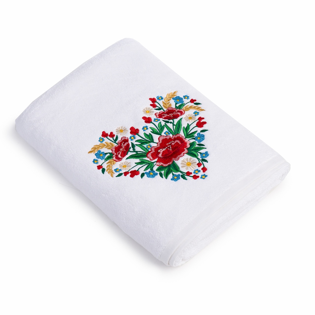 Prosop baie Brodat Inima, bumbac 100%, alb, 70x140cm - 680gr/mp