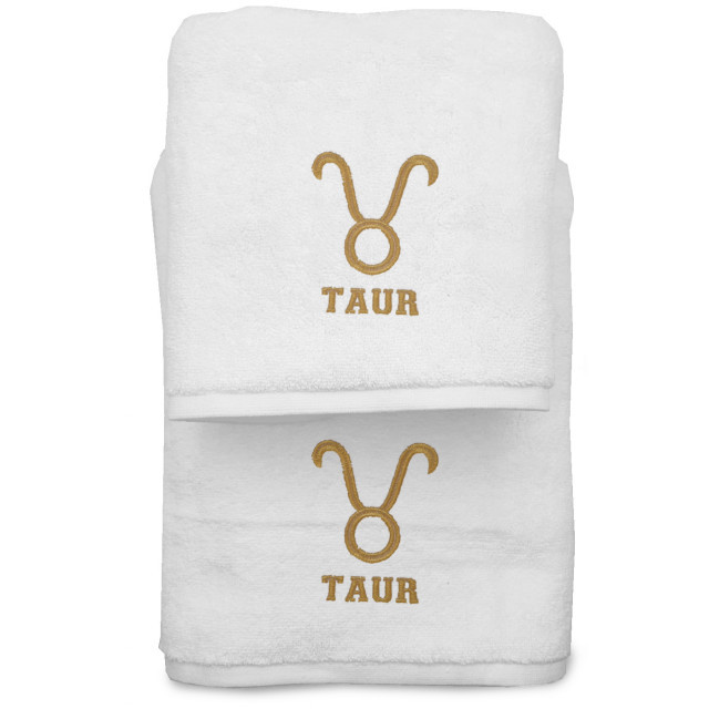 Set 2 Prosoape baie Brodate Alb cu broderie Taur, bumbac 100%