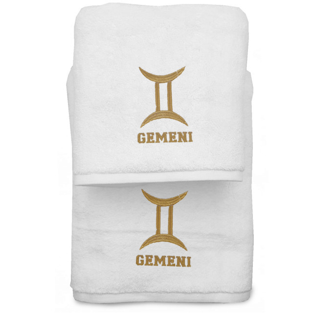 Set 2 Prosoape baie Brodate Alb cu broderie Gemeni, bumbac 100%