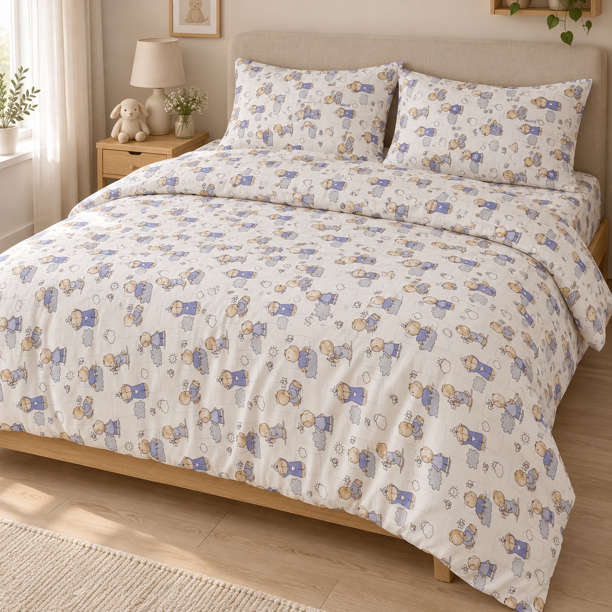 Lenjerie de pat copii Mielușei, alb cu albastru – Hotel Supplier, 4 piese, ranfors 100% bumbac, 130 g/m²