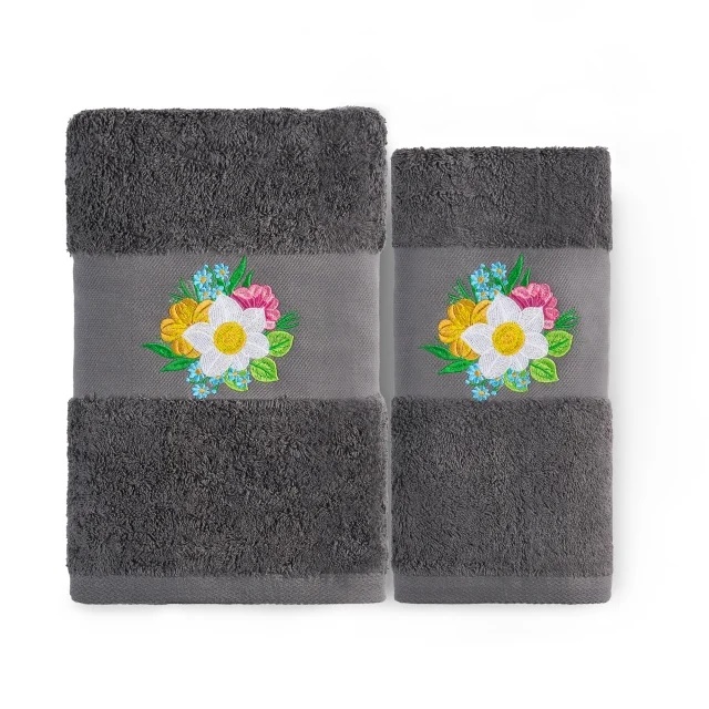 Set 2 Prosoape baie Brodate Alb/Gri cu broderie color, Model Floral4, bumbac 100%