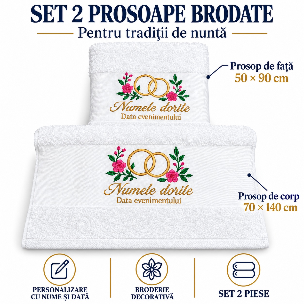 Set 2 prosoape brodate pentru găt – prosop de corp 70 × 140 cm și prosop de față 50 × 90 cm