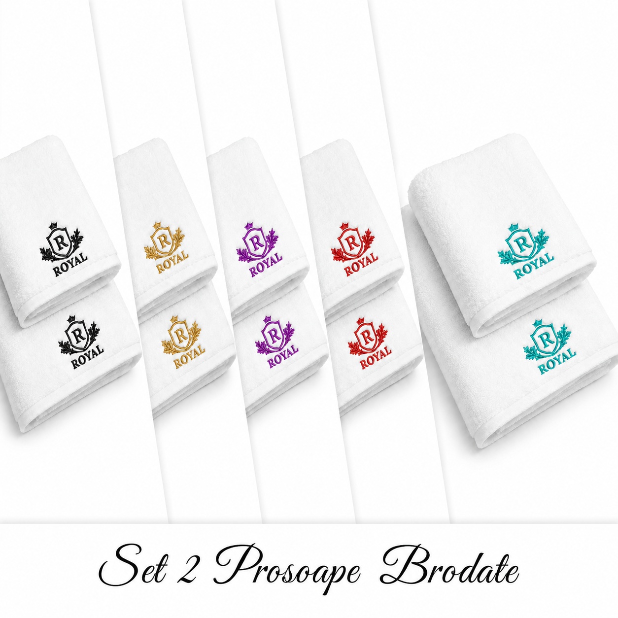 Set 2 prosoape de baie brodate Royal, alb, 680 g/m², 100% bumbac, 50×90 și 70×140 cm