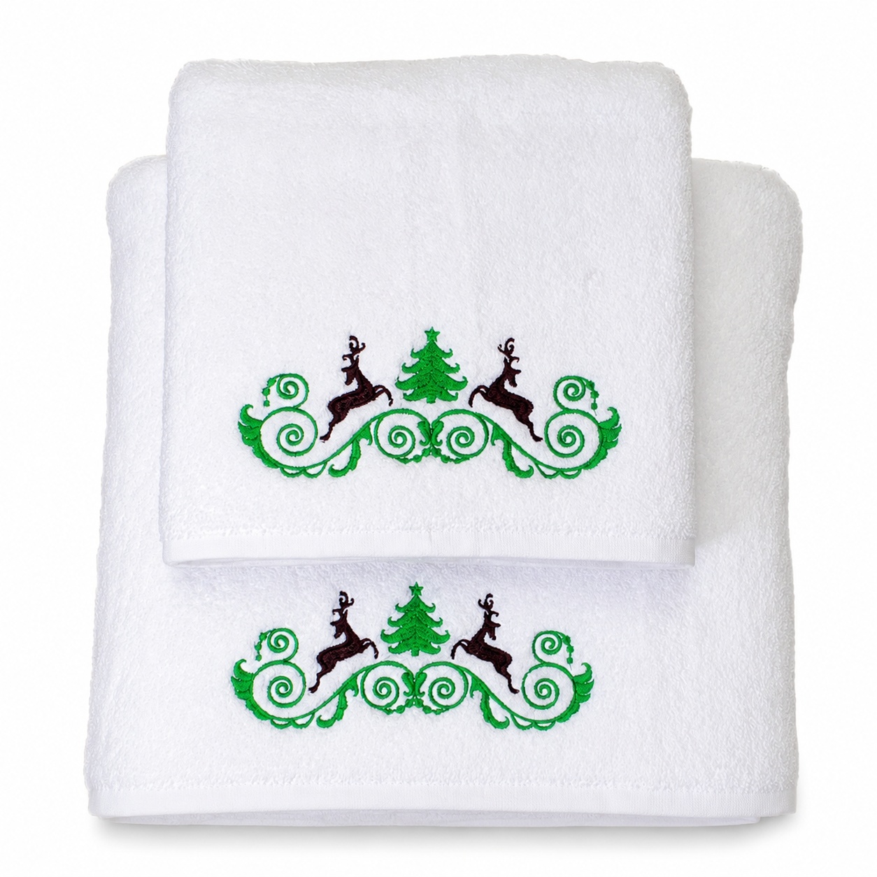 Set cadou de Crăciun cu 2 prosoape brodate, alb, 680 g/m², 100% bumbac, 50×90 și 70×140 cm