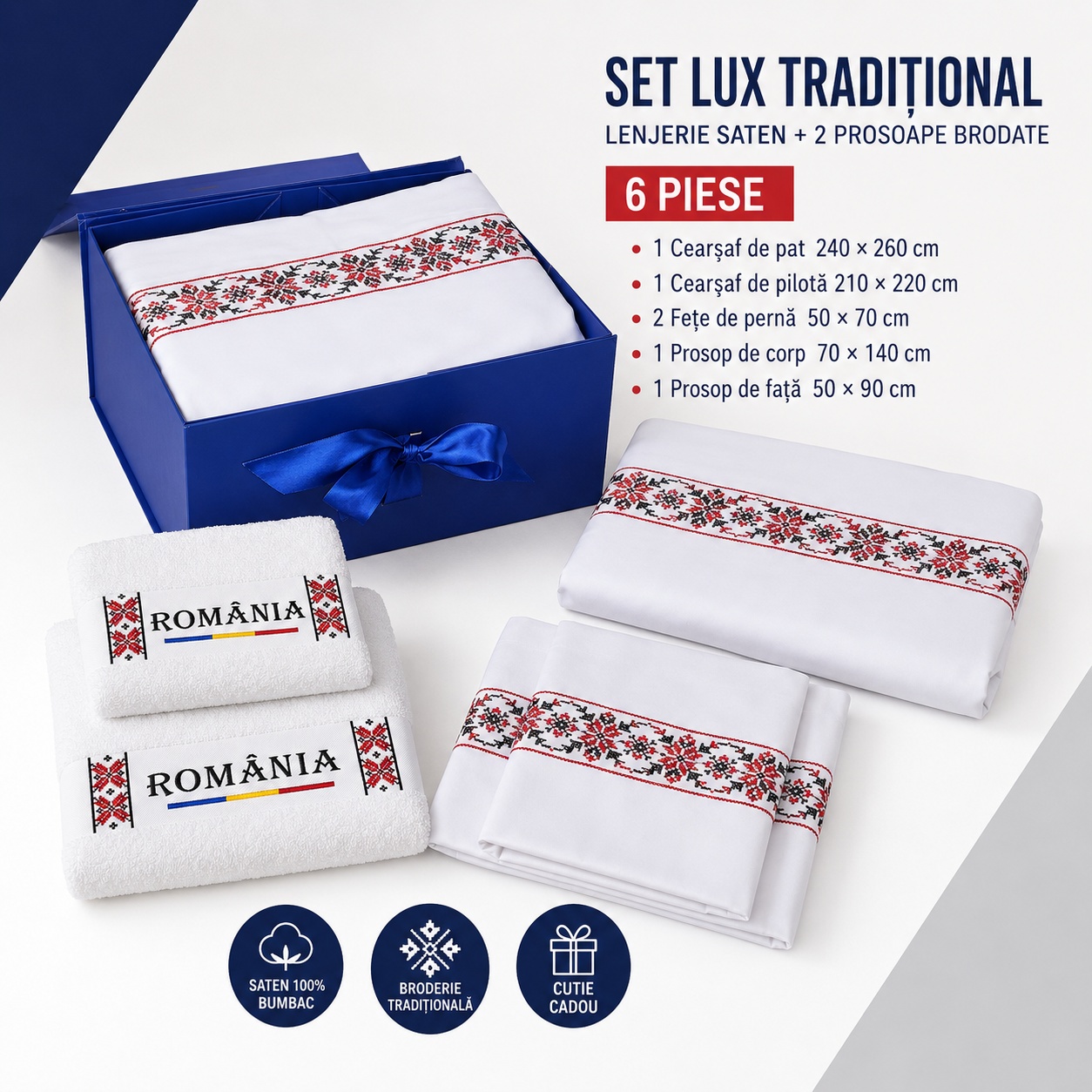 Set LUX Lenjerie Saten + Set Prosoape Brodate Model Traditional