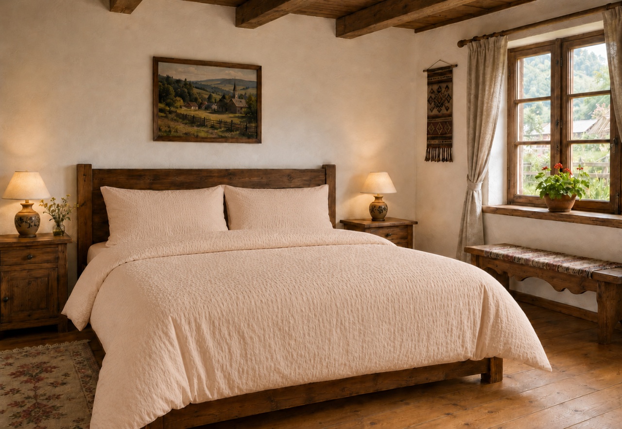 Lenjerie de pat hotel Crepon Crem, 100% bumbac, 125 g/m², fara calcare – Single, Dubla sau King Size