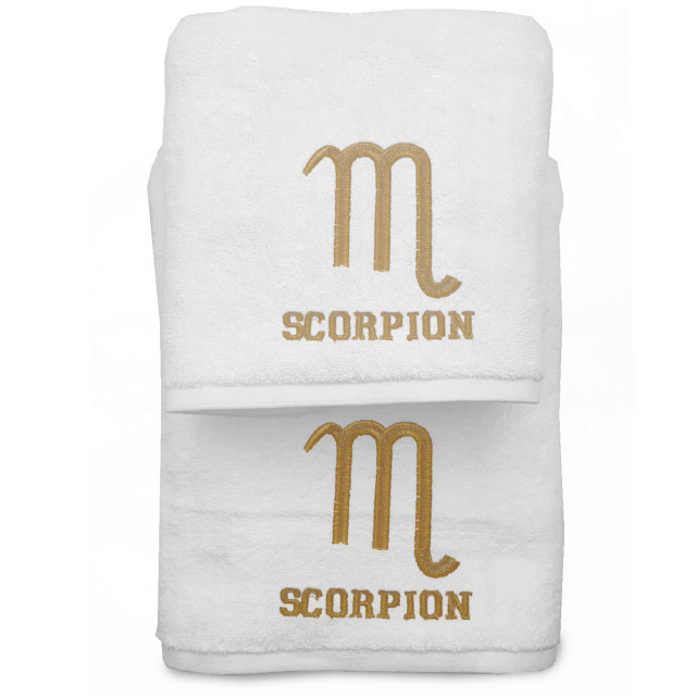 Set 2 Prosoape baie Brodate Alb cu broderie Scorpion, bumbac 100%