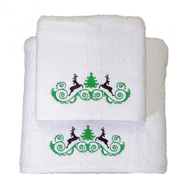 Set 2 Prosoape baie Brodate, Model Craciun 1, Prosoape HOTEL, bumbac 100%, alb, 70x140cm+50x90cm-680gr/mp